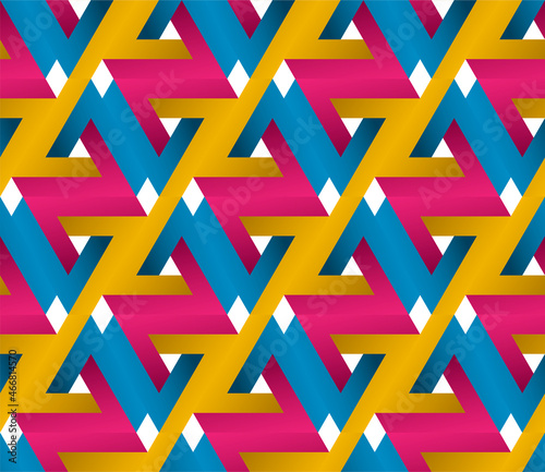 Modern 3d optical illusion texture. Repeat penrose triangle abstract background. Seamless pattern geometric shape. Print for fabric textile, cover, wallpaper, business card. Vector illustration