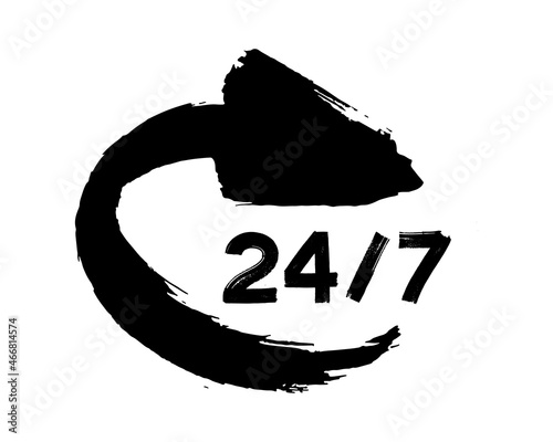 24 7 service icon, logo, sign, symbol. Black grunge ink brush stroke arrow isolated on white background. Open 24h hours a day and 7 days a week. Vector illustration