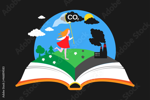 Girl catches clouds of polluted air with a butterfly net. Carbon dioxide capture technology.  Vector illustration