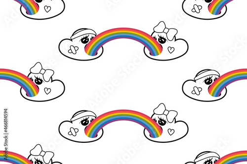 Two cute kawaii boy and girl clouds puke rainbow seamless pattern. Cartoon cloud on white background. Vector illustration