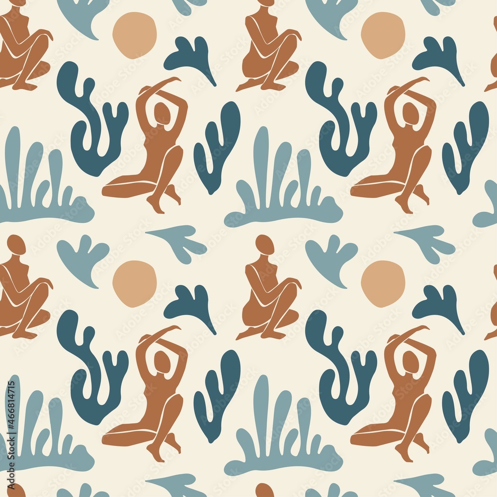 Abstract contemporary hand drawn seamless pattern with women, organic shapes, leaves on beige background. Vector flat illustration. Design for  textile, fabric, wallpaper, wrapping
