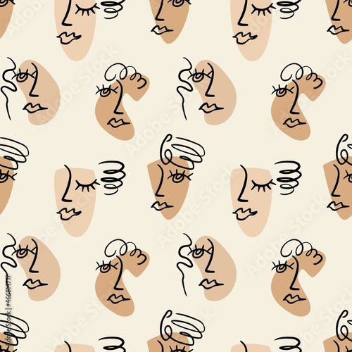 Modern abstract hand drawn line face women with geometric shapes seamless pattern on beige background. Vector flat illustration. Design for textile, fabric, wallpaper, wrapping