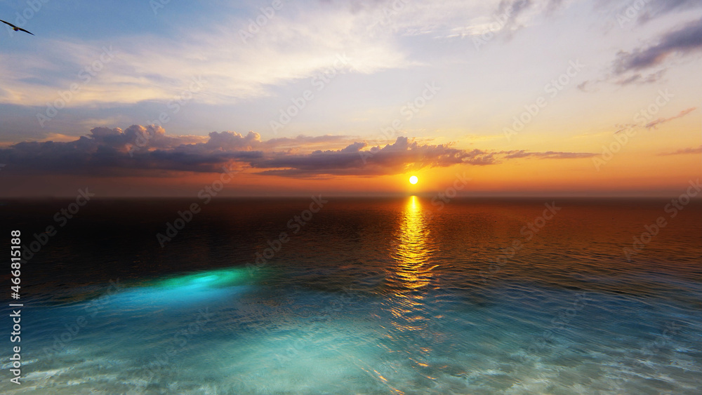 Obraz premium 7680x4320. Panorama of sea sunrise, ocean sunrise, seascape. Romantic colorful sunset at the sea. The sun touches horizon. 3d rendering