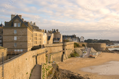 View of the walled city of Saint-Malo at sunset, France