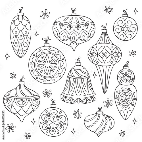 Coloring book page for Christmas and New Year. Vintage decorations for Christmas Tree.
