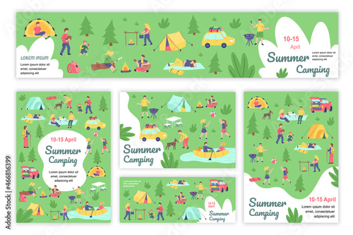 Summer camping poster and banner templates set. Family resting in nature with tent, preparing food on campfire, barbecue picnic. Cover brochure with tiny people in flat design. Vector illustration.