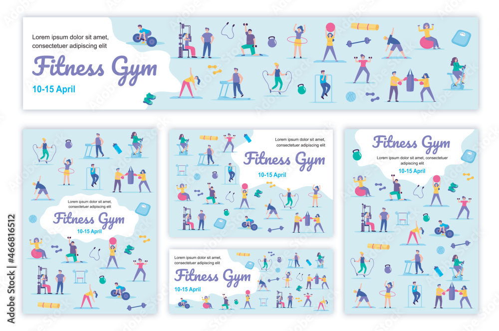 Fitness gym poster and banner templates set. Men and women perform ...