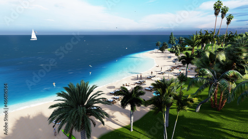 Beautiful tropical daylight scenery  two sun beds  loungers  umbrella under palm tree. White sand sea view with horizon  calmness and relaxation. Inspirational beach resort hotel drone. 3d rendering. 
