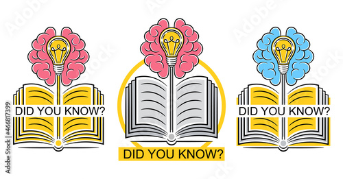 Did you know icon set. Education interesting information, fun fact, helpful advice, quick tips, new idea. Thinking brain with light bulb, learning book. Quiz, info textbook with knowledge. Flat vector