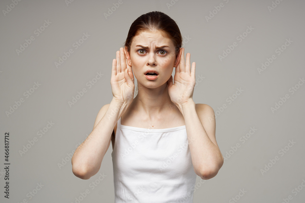 sick woman ear pain otitis media health problems infection studio treatment