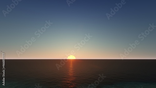 Sunset over the sea and beach. Waves washing the sand, 3d rendering. © adobedesigner