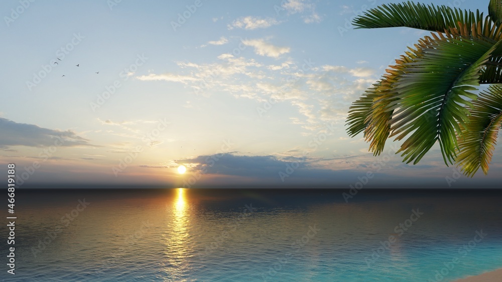 Sunrise over the sea and beach. Waves washing the sand, 3d rendering.
