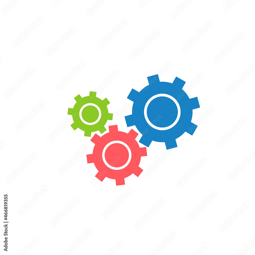 Three Color Gear Icon, mechanic process, teamwork, tech elements. Stock vector illustration isolated on white background