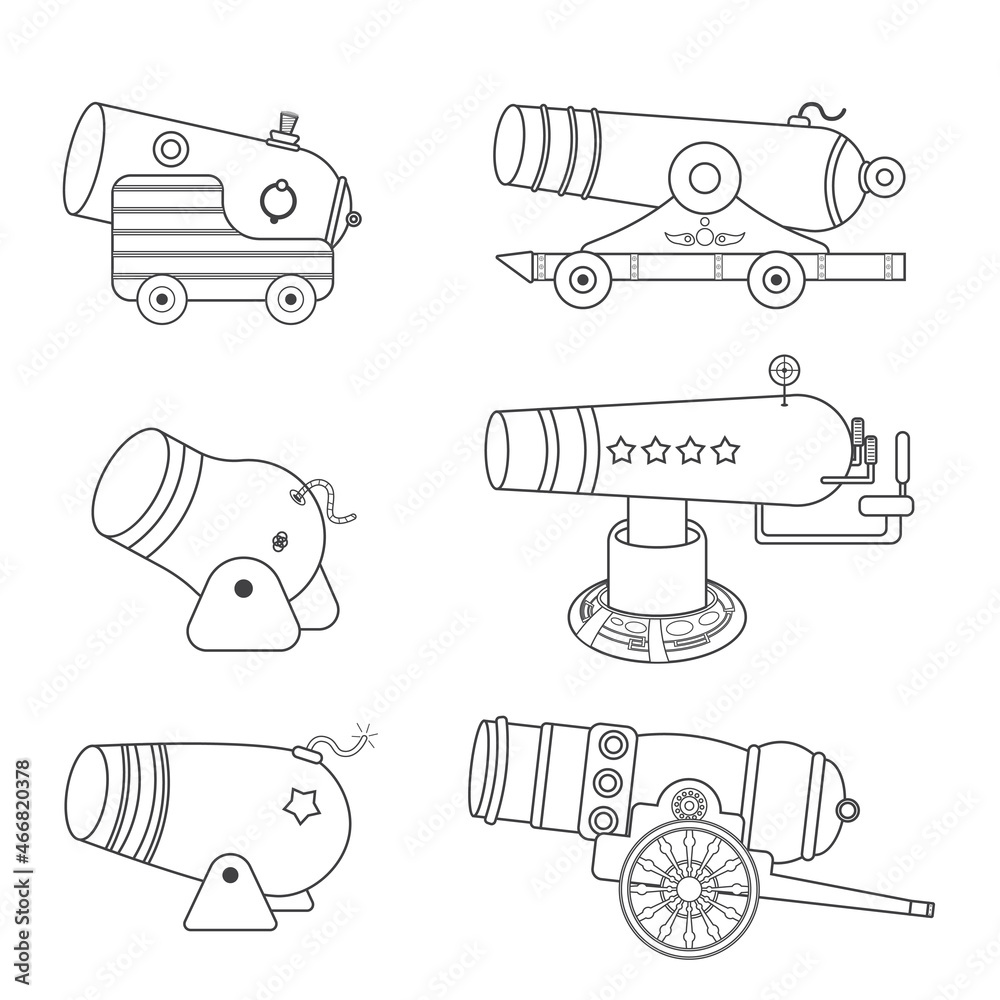 Flat design of medieval cannon firing on a white background. Cartoon concept icon cute style. The subject of war and aggression. Set Vintage gun. outline stroke. vector, illustration Flat design of medieval cannon firing on a white background. Cartoon concept icon cute style. The subject of war and aggression. Set Vintage gun. outline stroke. vector, illustration