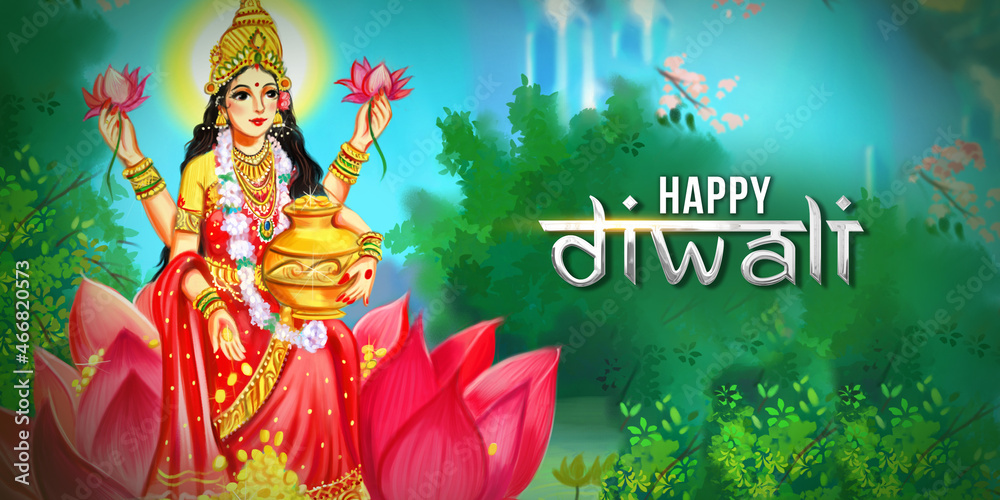 Indian God Laxmi mata Illustration on Lotus Flower with happy Diwali  Greeting typography Stock Illustration | Adobe Stock