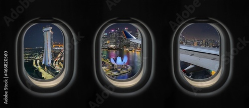 View outside the plane window. Singapore City.