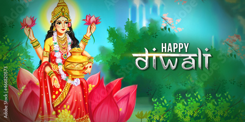 Indian God Laxmi mata Illustration on Lotus Flower with happy Diwali Greeting typography