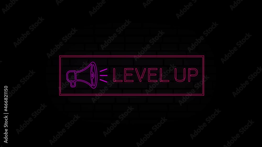 Level up neon sign in a frame with a megaphone on a black background. Animation glowing neon line text Level up. 4K Video motion graphic animation. Level up neon sign in a frame with a megaphone on a black background. Animation glowing neon line text Level up. 4K Video motion graphic animation.