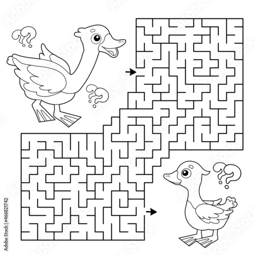 Maze or Labyrinth Game. Puzzle. Coloring Page Outline Of cartoon goose with gosling. Farm animals. Coloring book for kids.