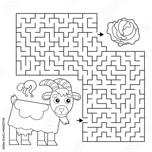 Maze or Labyrinth Game. Puzzle. Coloring Page Outline Of cartoon goat with cabbage. Farm animals. Coloring book for kids.