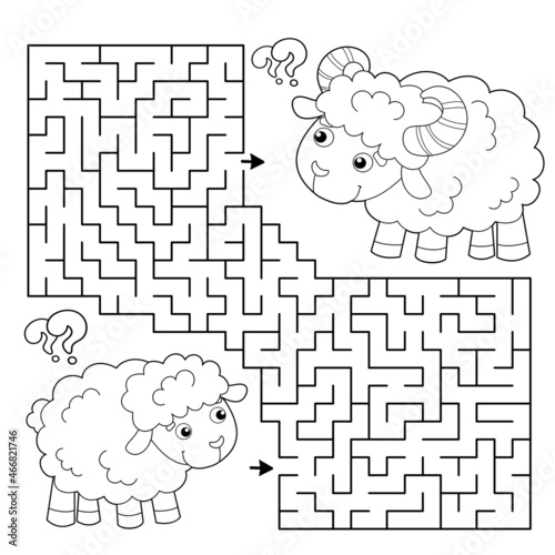 Maze or Labyrinth Game. Puzzle. Coloring Page Outline Of cartoon sheep with little lamb. Farm animals with their cubs. Coloring book for kids.