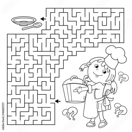 Maze or Labyrinth Game. Puzzle. Coloring Page Outline Of cartoon girl chef with large pot. Little cook or scullion. Profession. Coloring book for kids.