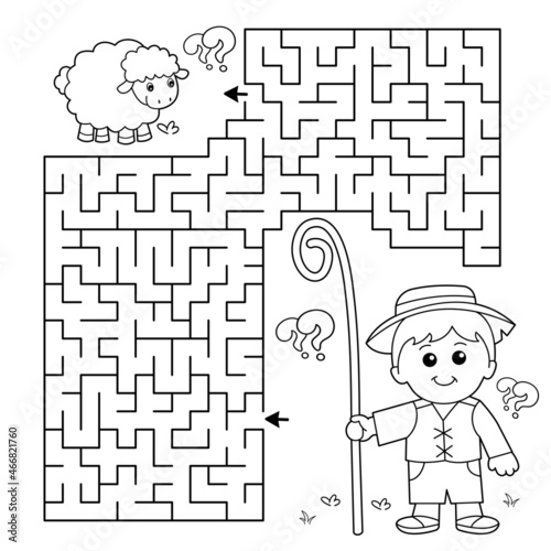 Maze or Labyrinth Game. Puzzle. Coloring Page Outline Of cartoon shepherd with flock of sheep. Farm animals. Coloring book for kids.