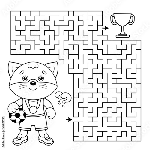 Maze or Labyrinth Game. Puzzle. Coloring Page Outline Of cartoon cat with soccer ball. Football. Sport activity. Coloring book for kids.