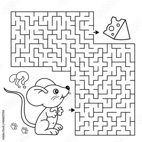 Maze or Labyrinth Game. Puzzle. Coloring Page Outline Of cartoon fun mouse with cheese. Coloring book for kids.