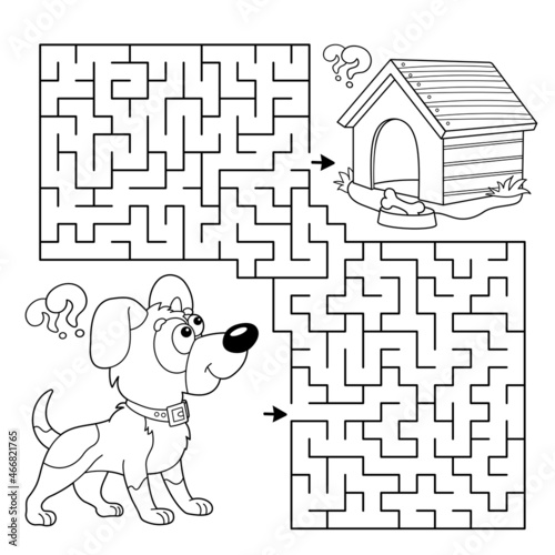 Maze or Labyrinth Game. Puzzle. Coloring Page Outline Of cartoon little dog with doghouse or kennel. Coloring book for kids.