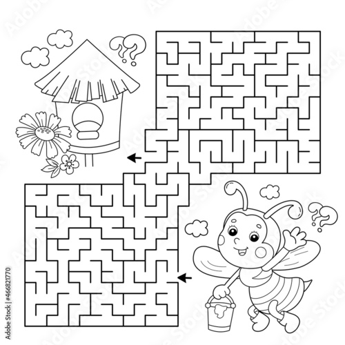 Maze or Labyrinth Game. Puzzle. Coloring Page Outline Of cartoon little bee with bucket of honey. Collect all flower. Coloring book for kids.