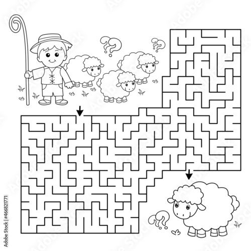 Maze or Labyrinth Game. Puzzle. Coloring Page Outline Of cartoon shepherd with flock of sheep. Farm animals. Coloring book for kids.