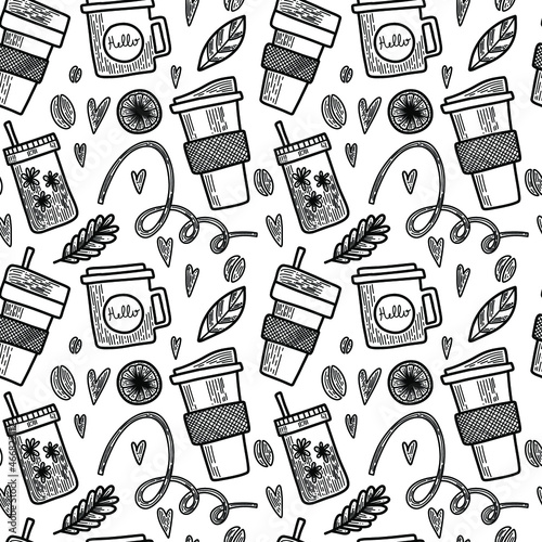 Vector seamless pattern. Outline Illustrations of reusable cups. Coffee and tea mugs for take away drinks. For advertising social media posts printing on paper and fabric.
