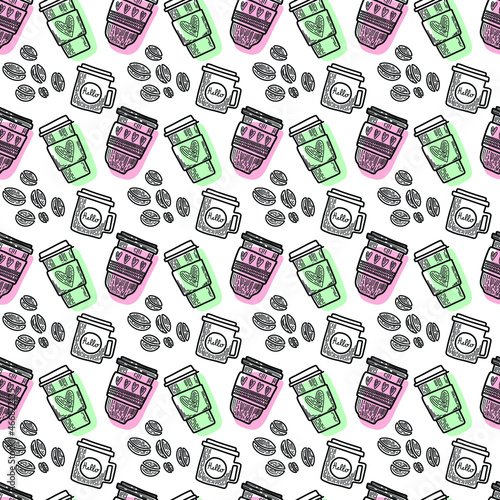 Vector seamless pattern. Outline Illustrations of reusable cups. Coffee and tea mugs for take away drinks. For advertising social media posts printing on paper and fabric.
