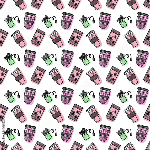 Vector seamless pattern. Outline Illustrations of reusable cups. Coffee and tea mugs for take away drinks. For advertising social media posts printing on paper and fabric.
