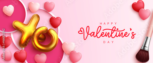 Valentine's day vector background design. Happy valentines day text in girly pink decoration with hearts and make up brush element for cute love celebration. Vector illustration.
