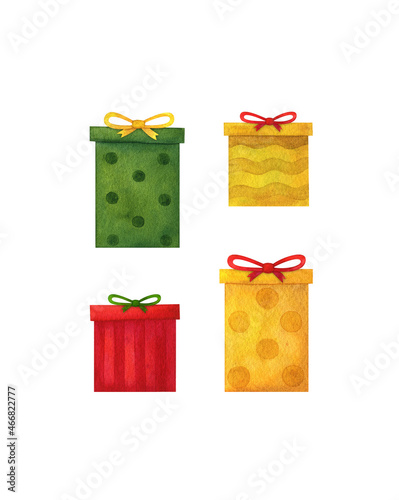 Gift boxes and bows in red; green and yellow. Watercolor illustration. A set of holiday clipart isolated on a white background. Packaging decor for birthday; New Year; Christmas; Name; anniversary