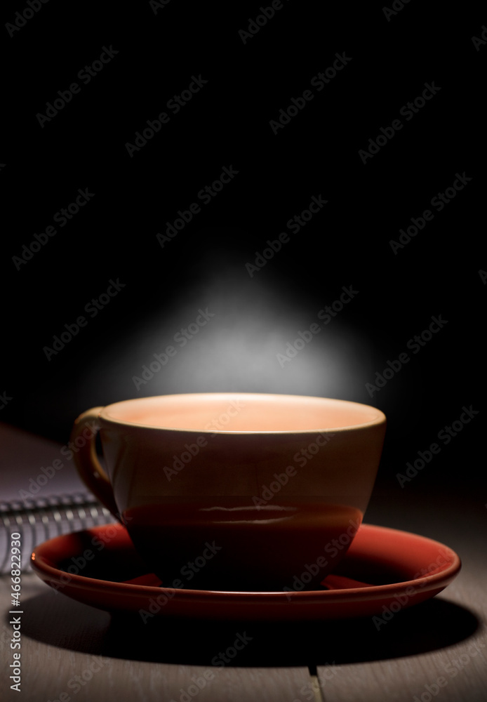 hot yellow mug with steam on desk table space for text