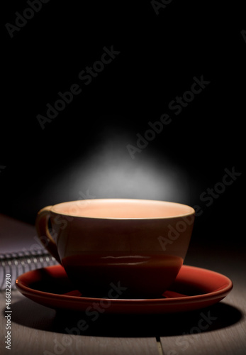 hot yellow mug with steam on desk table space for text