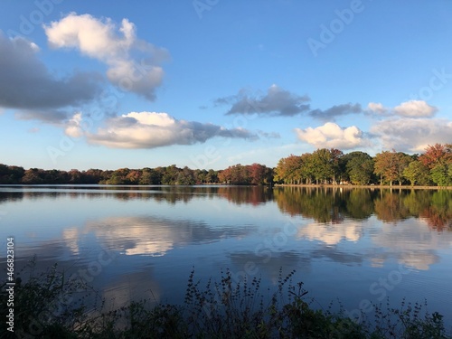 Fall foliage and clouds reflection on Belmont Lake