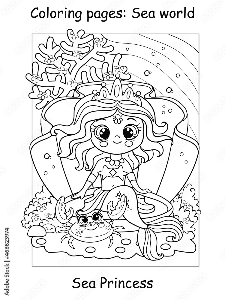 Coloring book page cute mermaid in a seashell and crab