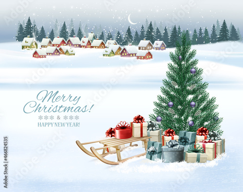 Holiday Christmas and Happy New Year background with a winter village and christmas trees, winter sledge and colorful presents. Vector.
