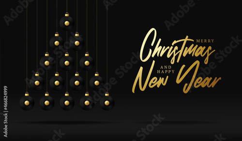 musical vinyl record Christmas and new year greeting card bauble tree. Creative Xmas tree made by vinyl record on black background for Christmas and New Year celebration. music greeting card