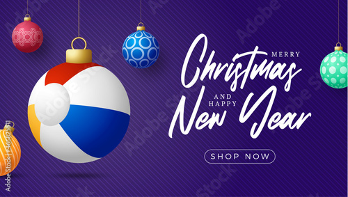 beach ball Christmas card. Merry Christmas holiday relax sunny greeting card. Hang on a thread beach ball as a xmas ball and golden bauble on black background. Sport Vector illustration.