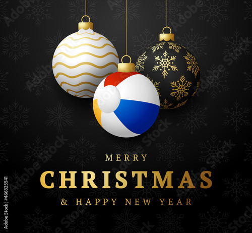 beach ball Christmas card. Merry Christmas holiday relax sunny greeting card. Hang on a thread beach ball as a xmas ball and golden bauble on black background. Sport Vector illustration.