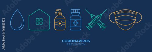 Set of Coronavirus Protection. Prevention of New epidemic 2019-nCoV icon set for infographic or website. Safety, health, remedies and prevention. Face mask, vaccine, house, bottle
