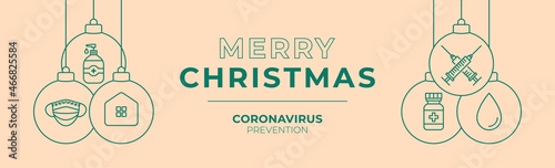 Christmas coronavirus vaccine prevention ball banner. Christmas or new year Concept prevention COVID-19 disease, flat cartoon ball