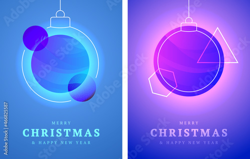 Space Christmas card set. Solar system planet as Christmas balls greeting card vector illustration. Christmas and New Year neon glowing banner decoration card.