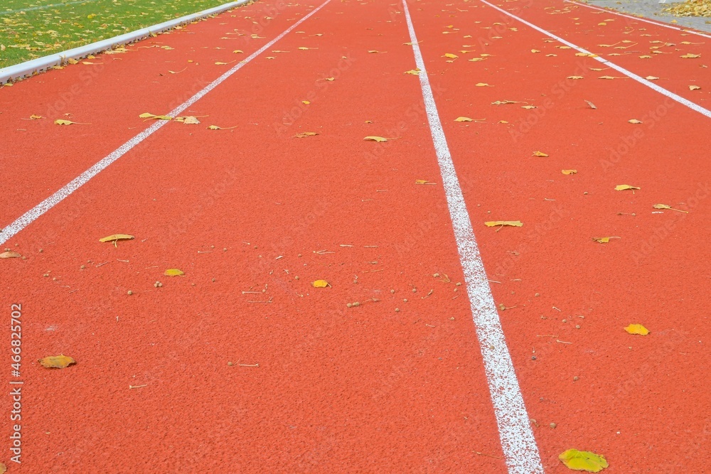 Red running track on athletic stadium in fall. Abandoned athletics track in autumn. Concept of finished athletics season