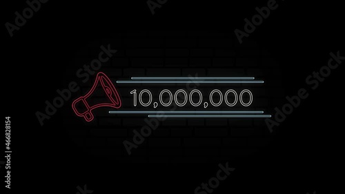 Glowing neon line Megaphone icon with number Ten million isolated on black background. 10000000 subscribers. 4K Video motion graphic animation. photo